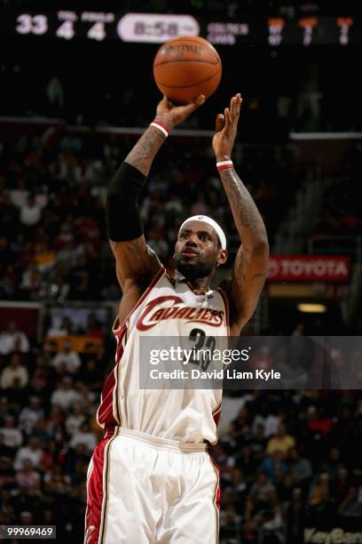 LeBron James of the Cleveland Cavaliers shoots in Game Five of the Eastern Conference Semifinals against the Boston Celtics during the 2010 NBA...