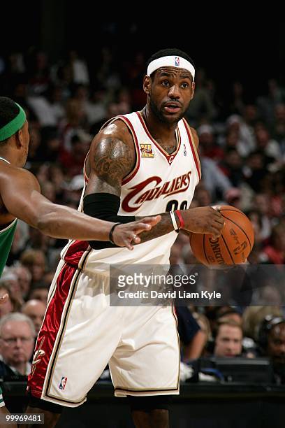 LeBron James of the Cleveland Cavaliers looks to pass in Game Five of the Eastern Conference Semifinals against the Boston Celtics during the 2010...