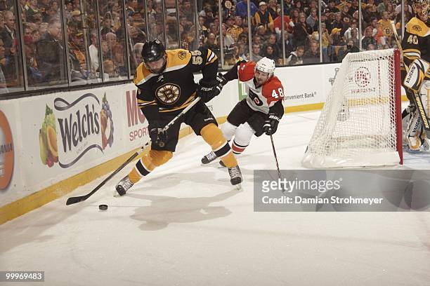 Boston Bruins Johnny Boychuk in action vs Philadelphia Flyers Daniel Briere . Game 5. Boston, MA 5/10/2010 CREDIT: Damian Strohmeyer