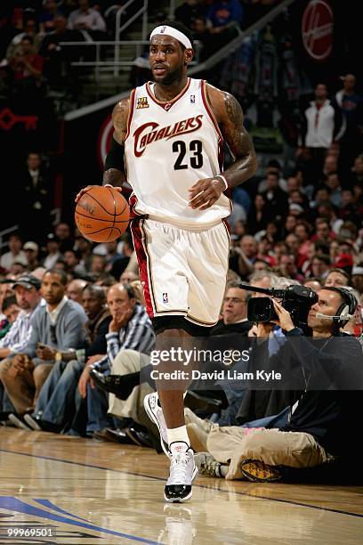 LeBron James of the Cleveland Cavaliers drives the ball up court in Game Five of the Eastern Conference Semifinals against the Boston Celtics during...