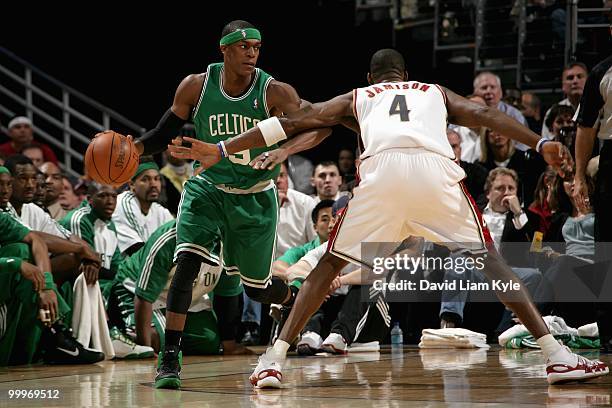 Rajon Rondo of the Boston Celtics drives the ball around Antawn Jamison of the Cleveland Cavaliers in Game Five of the Eastern Conference Semifinals...