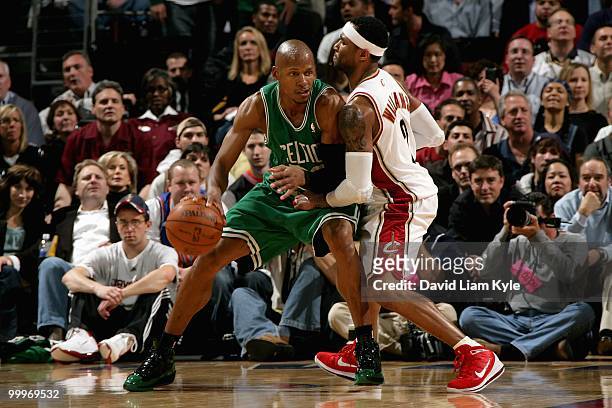Ray Allen of the Boston Celtics goes up against Mo Williams of the Cleveland Cavaliers in Game Five of the Eastern Conference Semifinals during the...