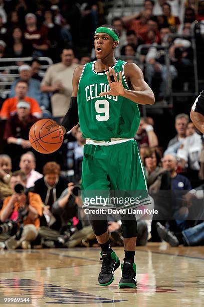 Rajon Rondo of the Boston Celtics drives the ball up court against the Cleveland Cavaliers in Game Five of the Eastern Conference Semifinals during...
