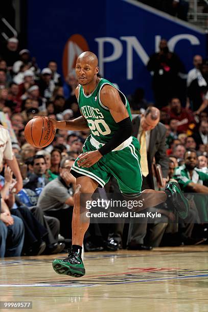 Ray Allen of the Boston Celtics drives the ball up court against the Cleveland Cavaliers in Game Five of the Eastern Conference Semifinals during the...