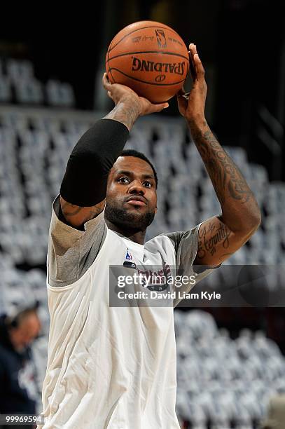 LeBron James of the Cleveland Cavaliers warms up before playing the Boston Celtics in Game Five of the Eastern Conference Semifinals during the 2010...