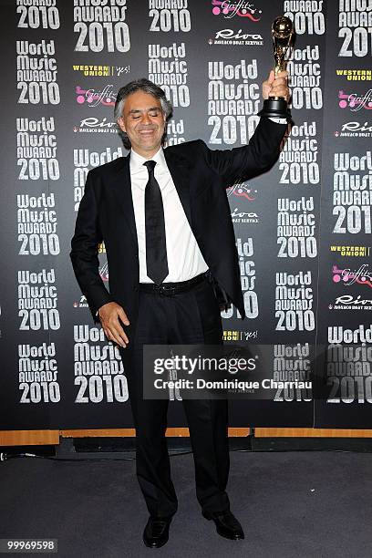 Singer Andrea Bocelli poses in the press room during the World Music Awards 2010 at the Sporting Club on May 18, 2010 in Monte Carlo, Monaco.