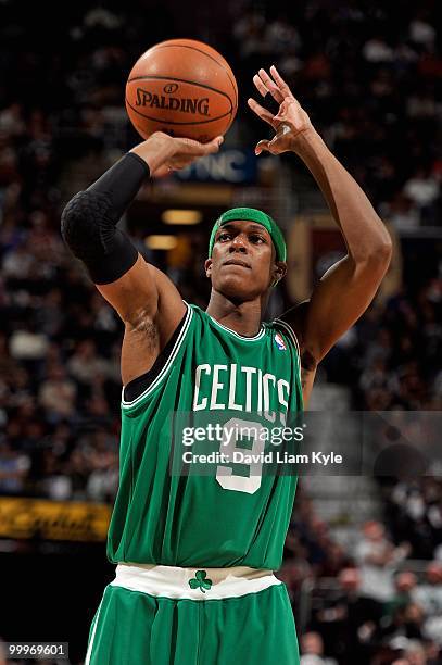 Rajon Rondo of the Boston Celtics shoots a free throw against the Cleveland Cavaliers in Game Five of the Eastern Conference Semifinals during the...
