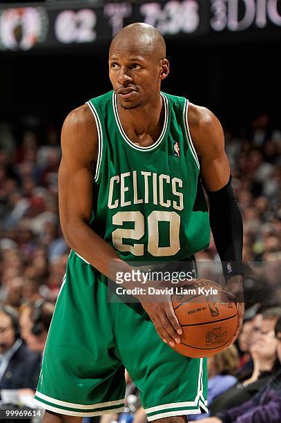 Ray Allen of the Boston Celtics looks for an open pass against the Cleveland Cavaliers in Game Five of the Eastern Conference Semifinals during the...