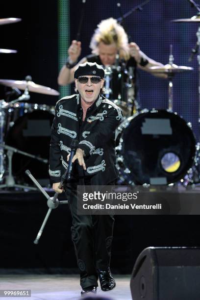 Singer Klaus Meine and drummer James Kottak of the band Scorpions perform onstage during the World Music Awards 2010 at the Sporting Club on May 18,...