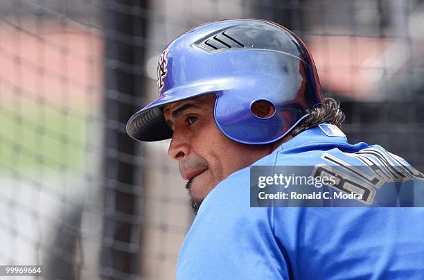 Henry Blanco of the New York Mets during batting practice before a MLB game against the Florida Marlins in Sun Life Stadium on May 16, 2010 in Miami,...