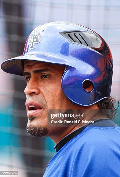 Henry Blanco of the New York Mets during batting practice before a MLB game against the Florida Marlins in Sun Life Stadium on May 16, 2010 in Miami,...