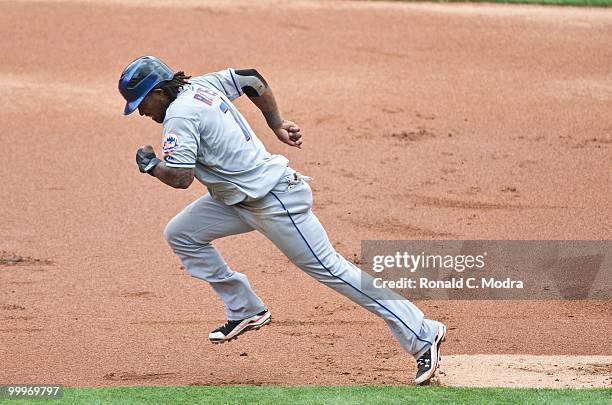 Jose Reyes of the New York Mets runs to third base during a MLB game against the Florida Marlins in Sun Life Stadium on May 16, 2010 in Miami,...