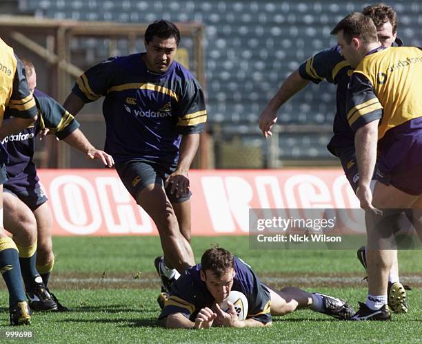 Nathan Grey takes the ball to ground during the Wallabies last training session at Subiaco Oval ahead of their Tri Nations Rugby Test against South...