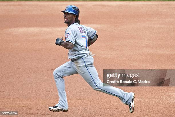 Jose Reyes of the New York Mets runs to third base during a MLB game against the Florida Marlins in Sun Life Stadium on May 16, 2010 in Miami,...