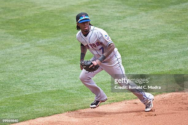 Jose Reyes of the New York Mets keeps his eye on the ball during a MLB game against the Florida Marlins in Sun Life Stadium on May 16, 2010 in Miami,...