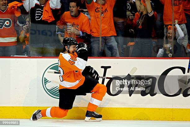 Danny Briere of the Philadelphia Flyers celebrates after scoring a goal in the first period against the Montreal Canadiens in Game 2 of the Eastern...