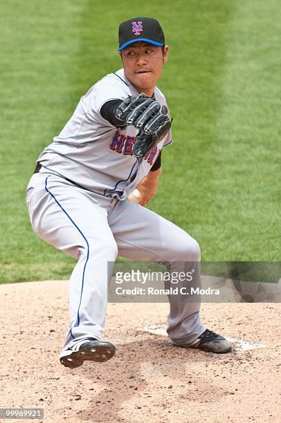 Pitcher Hisanori Takahashi of the New York Mets pitches during a MLB game against the Florida Marlins in Sun Life Stadium on May 16, 2010 in Miami,...