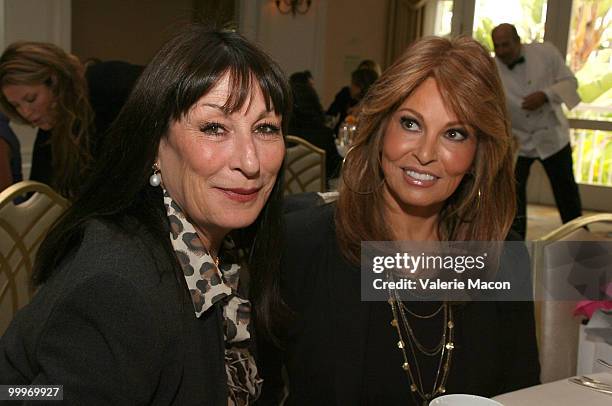 Actresses Anjelica Huston and Raquel Welch attend the Carousel of Hope kickoff luncheon on May 18, 2010 in Beverly Hills, California.