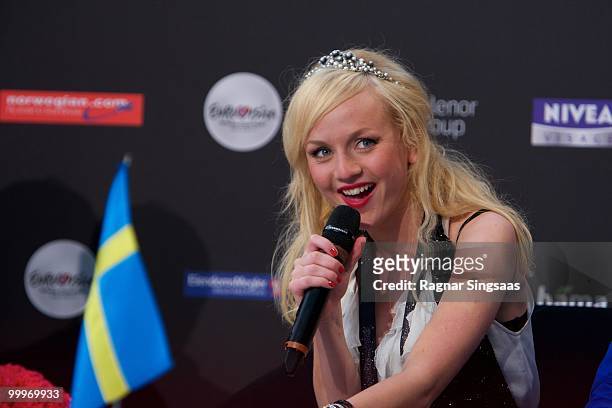 Anna Bergendahl of Sweden performs during a press conference after the open rehearsal at the Telenor Arena on May 18, 2010 in Oslo, Norway. 39...