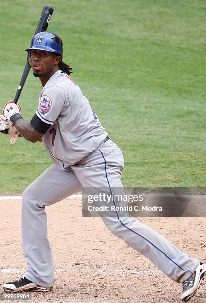 Jose Reyes of the New York Mets bats during a MLB game against the Florida Marlins in Sun Life Stadium on May 16, 2010 in Miami, Florida.