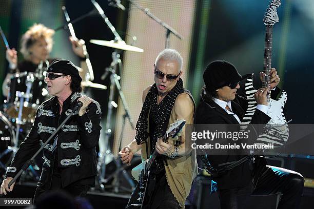 Klaus Meine, Rudolf Maciwoda and Matthias Jabs perform on stage during the World Music Awards 2010 at the Sporting Club on May 18, 2010 in Monte...