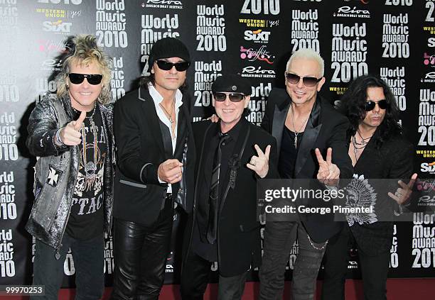 Musicians James Kottak, Matthias Jabs, Klaus Meine, Rudolf Schenker and Pawel Maciwoda of the band Scorpions attend the World Music Awards 2010 at...