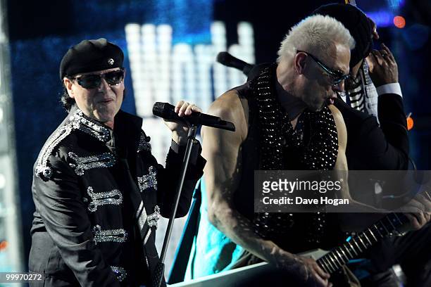 Rudolf Schenker and Klaus Meine of Scorpions perform at the World Music Awards 2010 held at the Sporting Club Monte-Carlo on May 18, 2010 in...
