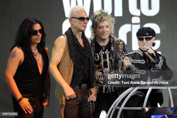 Pawel Maciwoda,Rudolf Schenker, James Kottak and Klaus Meine perform on stage during the World Music Awards 2010 at the Sporting Club on May 18, 2010...