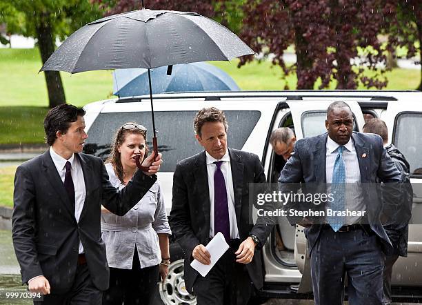 Treasury Secretary Timothy Geithner speaks during a press conference after a quick tour of the Port of Tacoma May 18, 2010 in Tacoma, Washington. A...