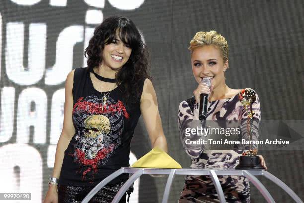 Michelle Rodriguez and Hayden Panetierre speak on stage during the World Music Awards 2010 at the Sporting Club on May 18, 2010 in Monte Carlo,...