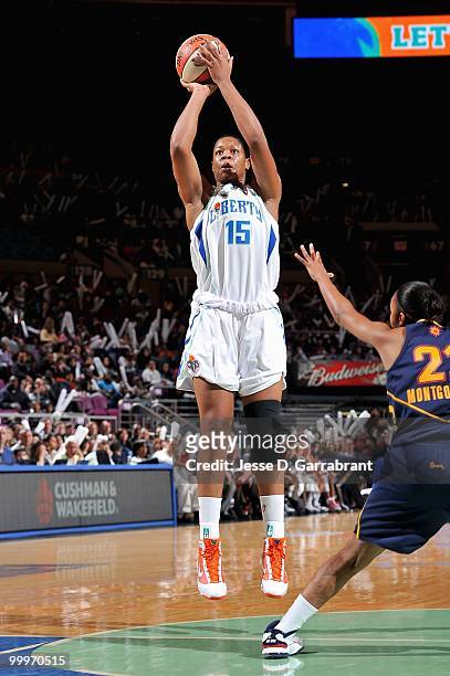 Kia Vaughn of the New York Liberty shoots during the WNBA preseason game against the Connecticut Sun on May 11, 2010 at Madison Square Garden in New...