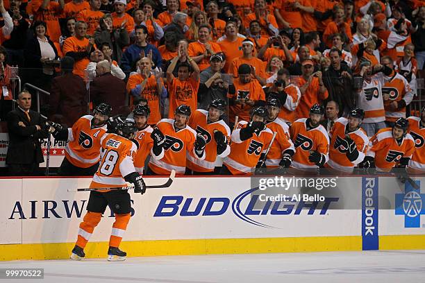 Danny Briere of the Philadelphia Flyers celebrates with his teammates after scoring a goal in the first period against the Montreal Canadiens in Game...