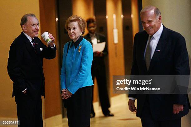 Sen. Arlen Specter and his wife Joan Specter talk with Pennsylvania Gov. Ed Rendell in the lobby of the hotel hosting Specter's election night...