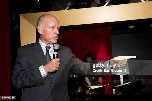 Attorney General of California Jerry Brown speaks at Generation For Change Action for Jerry Brown at Drai's at the W Hotel on May 17, 2010 in Los...