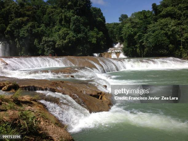 agua azul, beautiful waterfall - azul foto e immagini stock