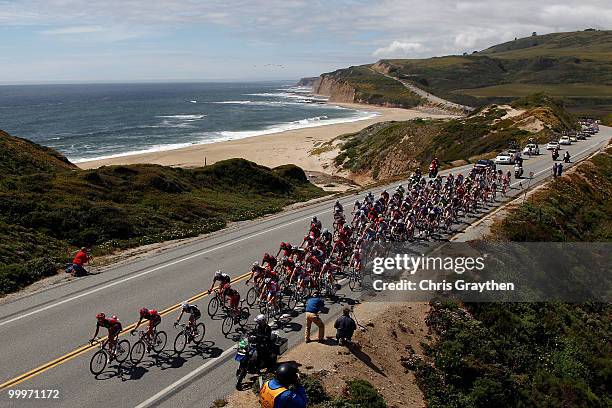 The Peloton rides down Highway 1 along the coast during the third stage of the Tour of California on May 18, 2010 in Davenport, California.