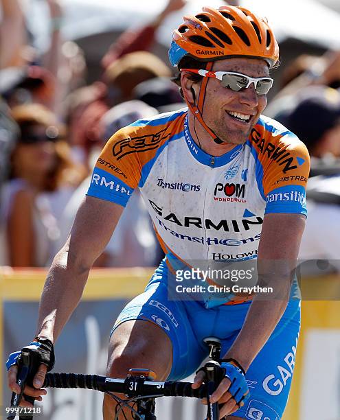 David Zabriskie of Garmin-Transitions celebrates as he crosses the finish line to win the third stage during the Tour of California on May 18, 2010...