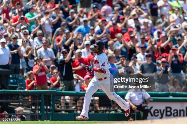 Edwin Encarnacion of the Cleveland Indians rounds the bases on a two run home run during the fourth inning against the New York Yankees at...