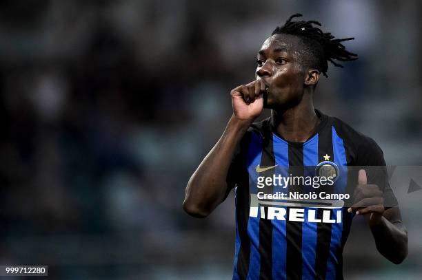 Yann Karamoh of FC Internazionale celebrates after scoring a goal during the friendly football match between FC Lugano and FC Internazionale. FC...