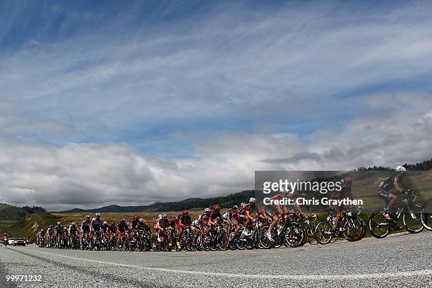 The Peloton rides down Highway 1 along the coast during the third stage of the Tour of California on May 18, 2010 in Davenport, California.