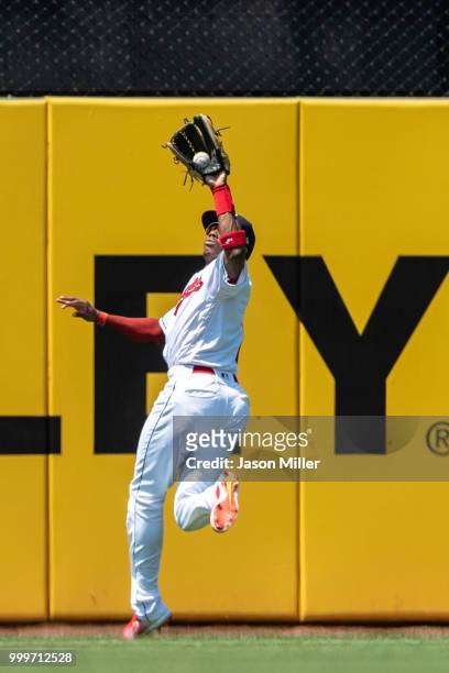 Center fielder Greg Allen of the Cleveland Indians catches a line drive hit by Didi Gregorius of the New York Yankees during the fifth inning at...
