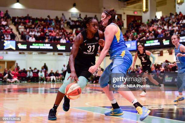 Tina Charles of the New York Liberty handles the ball against the Chicago Sky on July 15, 2018 at Westchester County Center in White Plains, New...
