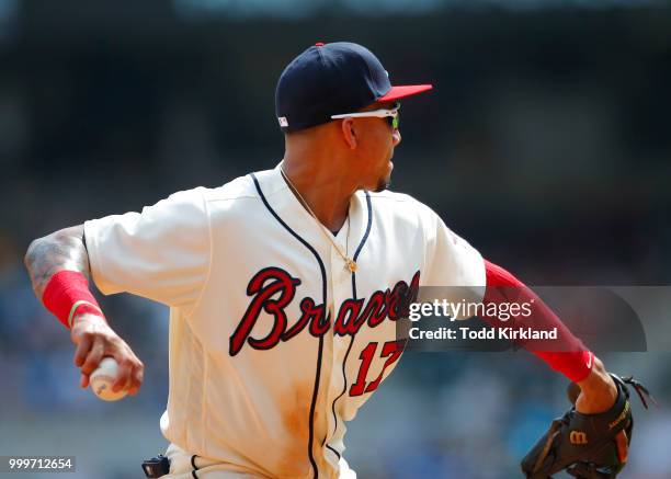 Johan Camargo of the Atlanta Braves throws to first in the ninth inning of an MLB game against the Arizona Diamondbacks at SunTrust Park on July 15,...