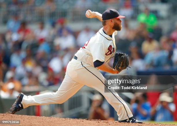 Minter of the Atlanta Braves pitches in the ninth inning of an MLB game against the Arizona Diamondbacks at SunTrust Park on July 15, 2018 in...