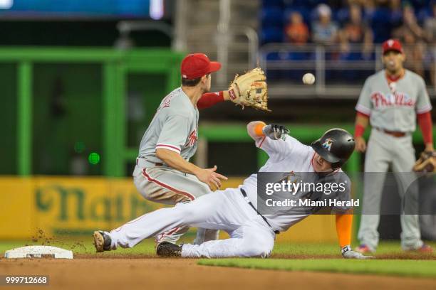 Miami Marlins first baseman Garrett Cooper slides safety into second base after a double during the second inning against the Philadelphia Phillies...