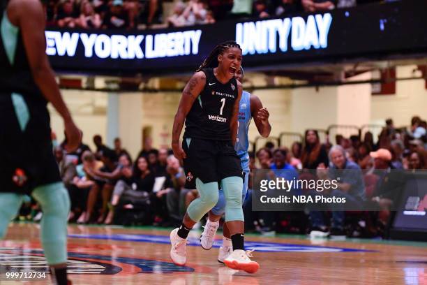 Shavonte Zellous of the New York Liberty reacts during game against the Chicago Sky on July 15, 2018 at Westchester County Center in White Plains,...