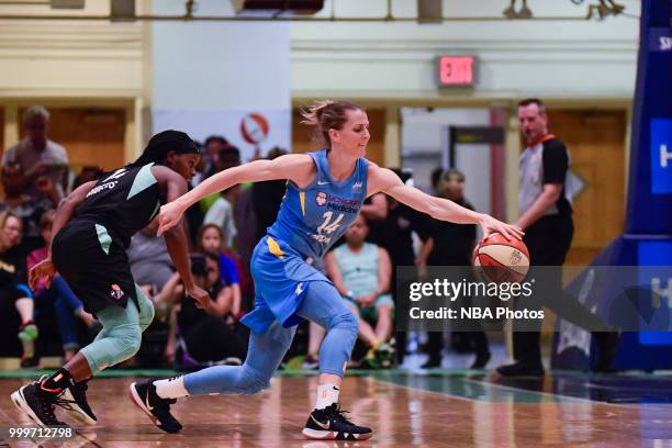 Allie Quigley of the Chicago Sky handles the ball against the New York Liberty on July 15, 2018 at Westchester County Center in White Plains, New...