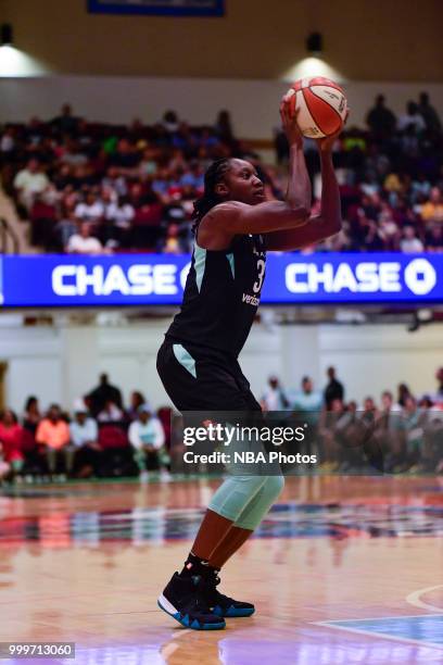 Tina Charles of the New York Liberty shoots the ball against the Chicago Sky on July 15, 2018 at Westchester County Center in White Plains, New York....