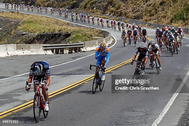 The Peloton rides down Highway 1 along the Pacific coast during the third stage of the Tour of California on May 18, 2010 in Pacifica, California.