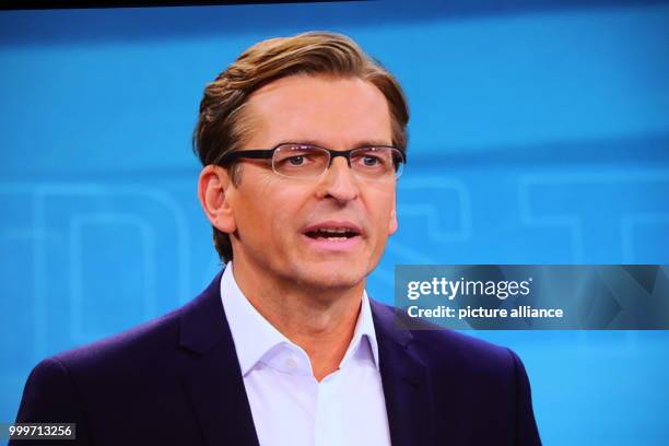 Screen that shows host Claus Strunz was pictured in the studio in Adlershof in Berlin, Germany, 03 September 2017. The TV duel before the general...